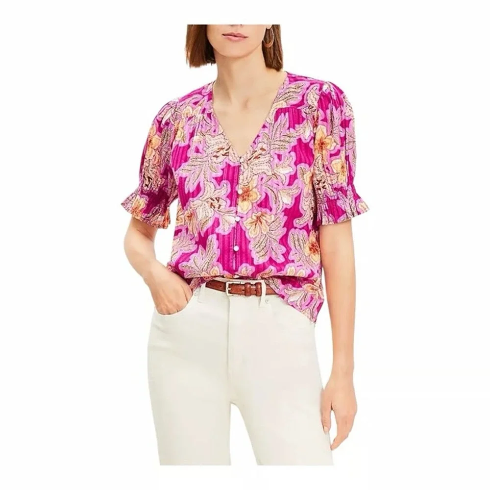LOFT Floral Button-Front Top Womens S V-Neck Puff Sleeve Cotton